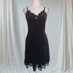 Gothic Black Velvet Dress with Lace Trim